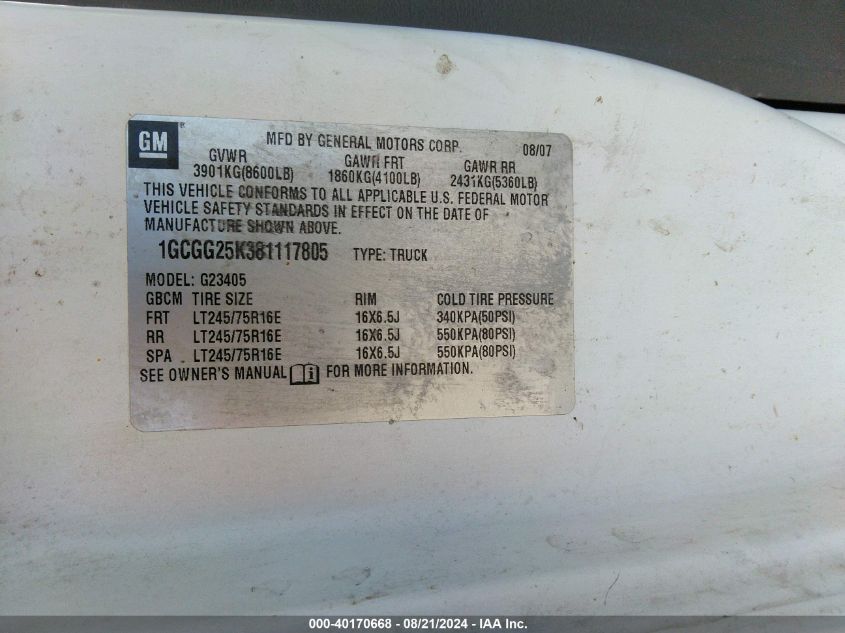 2008 Chevrolet Express Work Van VIN: 1GCGG25K381117805 Lot: 40170668