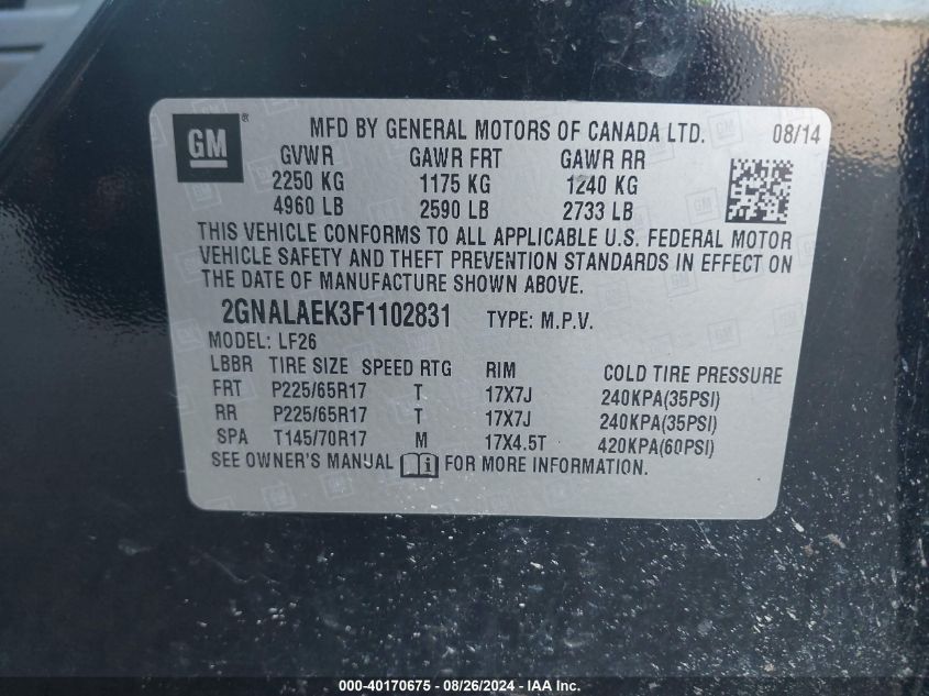 2015 Chevrolet Equinox Ls VIN: 2GNALAEK3F1102831 Lot: 40170675