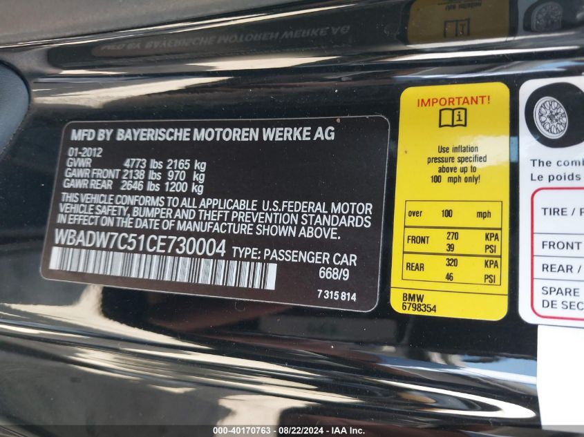 2012 BMW 328I VIN: WBADW7C51CE730004 Lot: 40170763