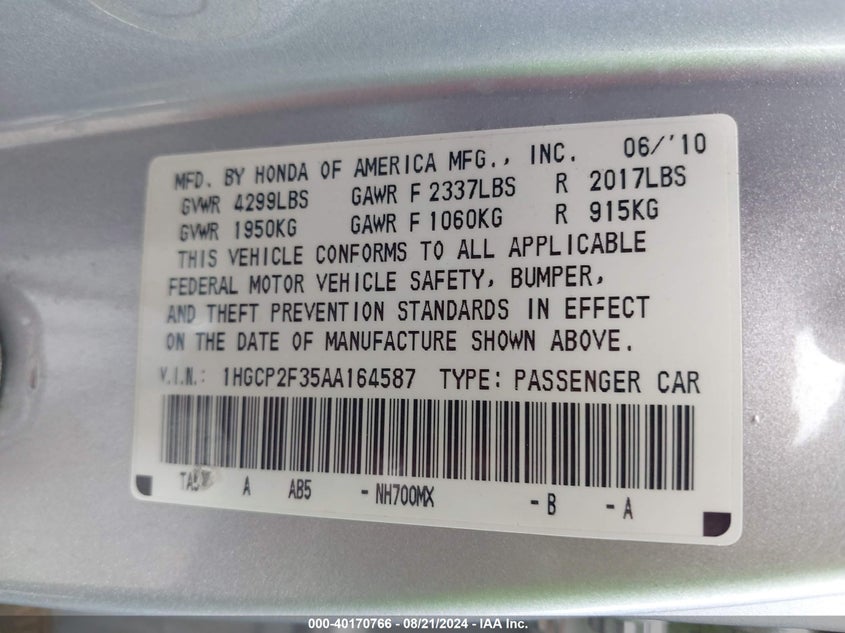 2010 Honda Accord 2.4 Lx VIN: 1HGCP2F35AA164587 Lot: 40170766