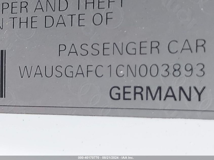 2012 Audi A7 Premium VIN: WAUSGAFC1CN003893 Lot: 40170770