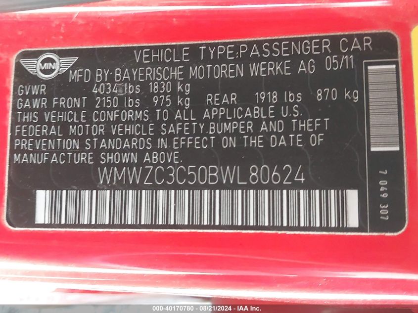 2011 Mini Cooper S Countryman VIN: WMWZC3C50BWL80624 Lot: 40170780