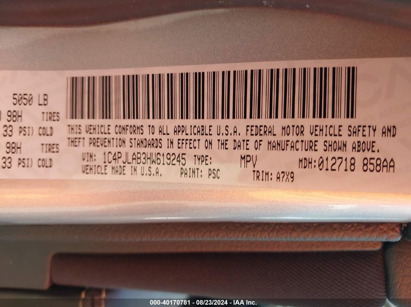 2017 Jeep Cherokee Altitude Fwd VIN: 1C4PJLAB3HW619245 Lot: 40170781