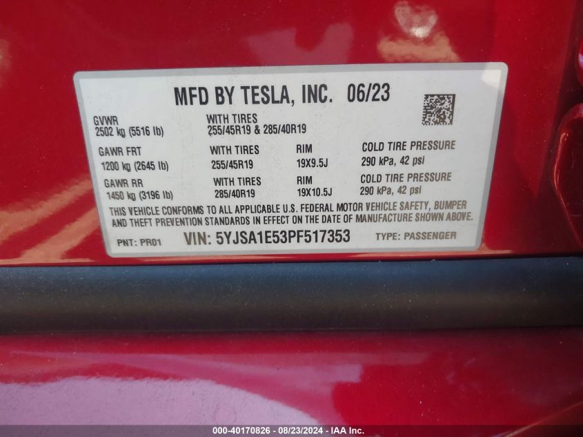 2023 Tesla Model S Dual Motor All-Wheel Drive/Standard Range VIN: 5YJSA1E53PF517353 Lot: 40864010