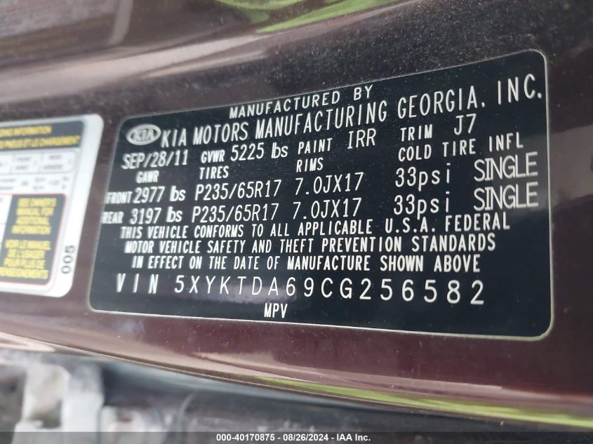 2012 Kia Sorento Lx VIN: 5XYKTDA69CG256582 Lot: 40170875
