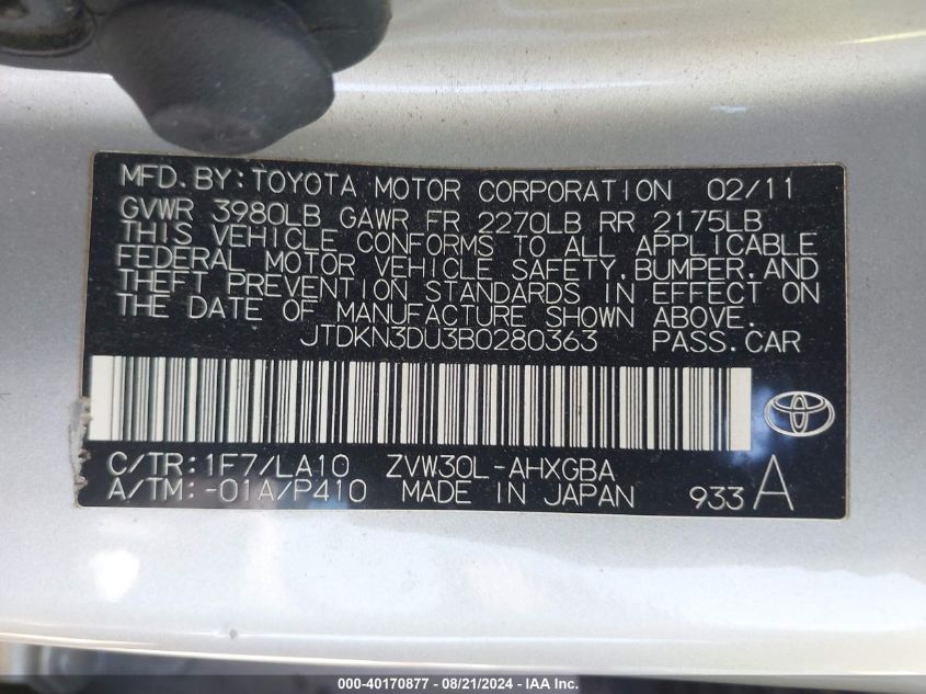 2011 Toyota Prius Four VIN: JTDKN3DU3B0280363 Lot: 40170877