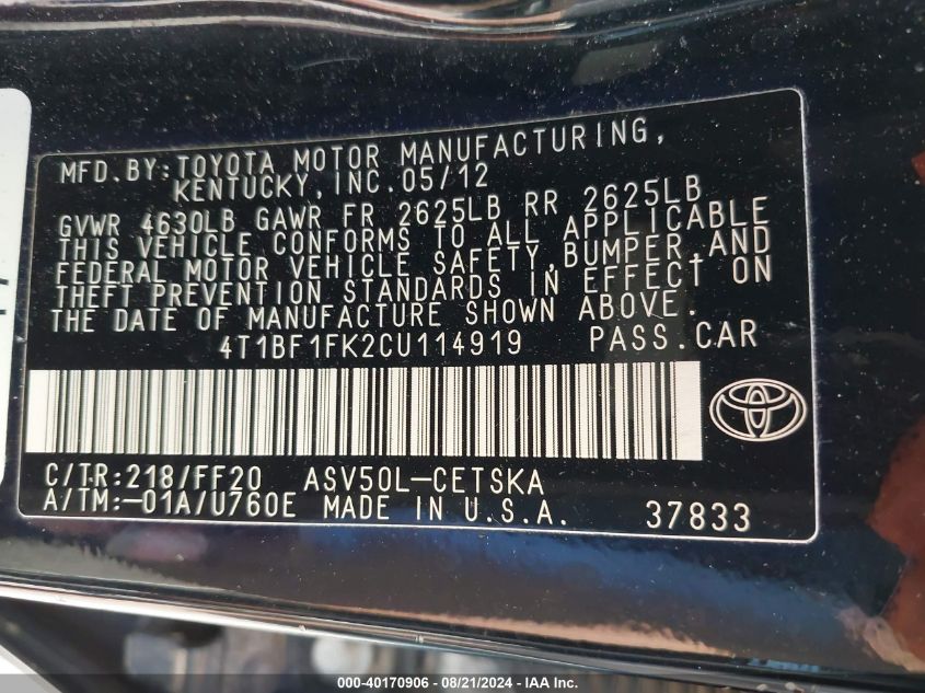 2012 Toyota Camry Se VIN: 4T1BF1FK2CU114919 Lot: 40170906