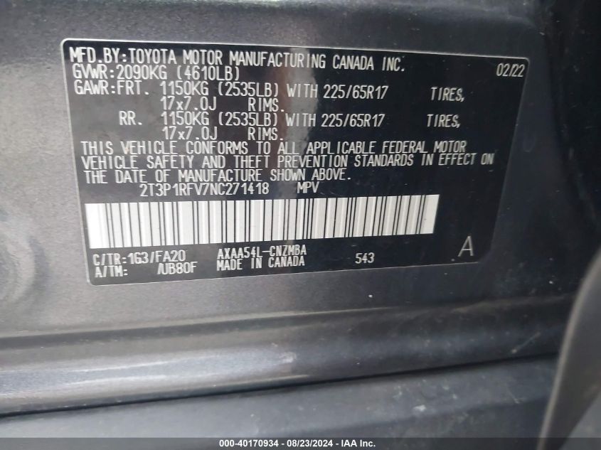 2022 Toyota Rav4 Xle VIN: 2T3P1RFV7NC271418 Lot: 40170934