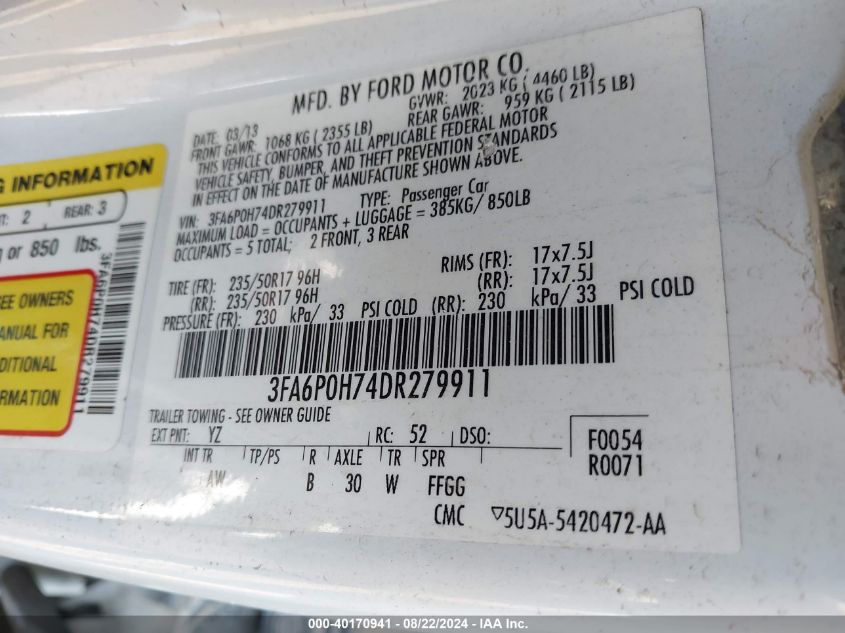 2013 FORD FUSION SE - 3FA6P0H74DR279911