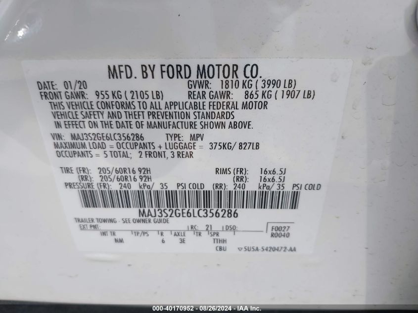 2020 Ford Ecosport Se VIN: MAJ3S2GE6LC356286 Lot: 40170952