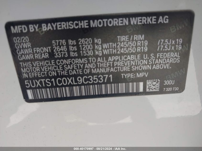 2020 BMW X3 Phev xDrive30E VIN: 5UXTS1C0XL9C35371 Lot: 40170997