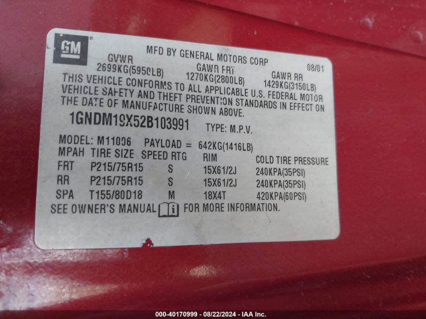 2002 Chevrolet Astro Ls VIN: 1GNDM19X52B103991 Lot: 40170999