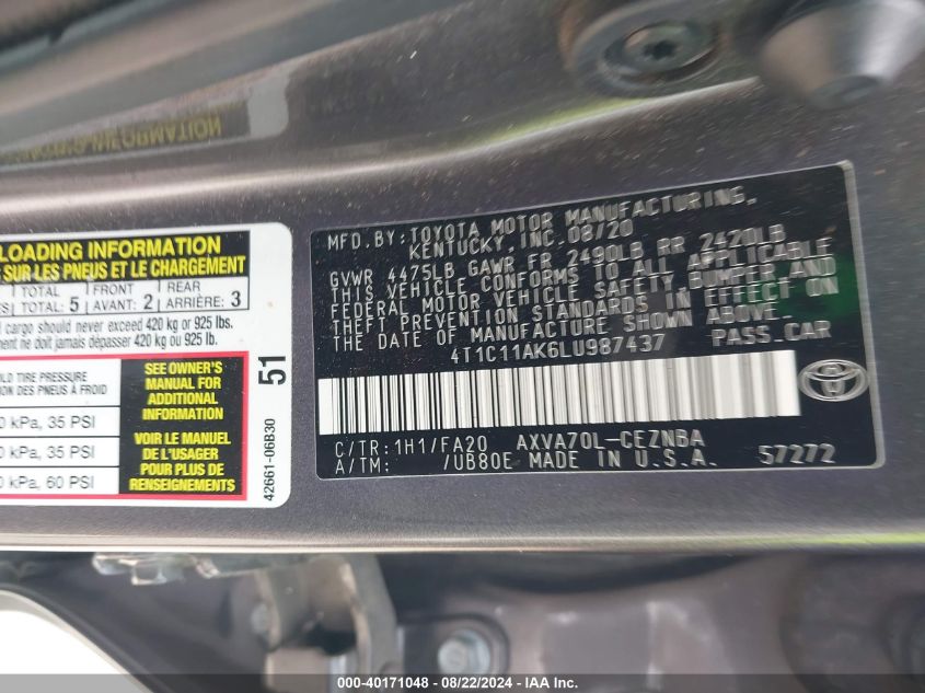 4T1C11AK6LU987437 2020 Toyota Camry Le