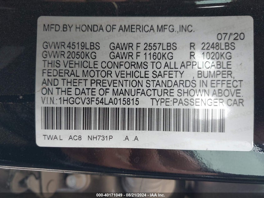 VIN 1HGCV3F54LA015815 2020 HONDA ACCORD HYBRID EX-L