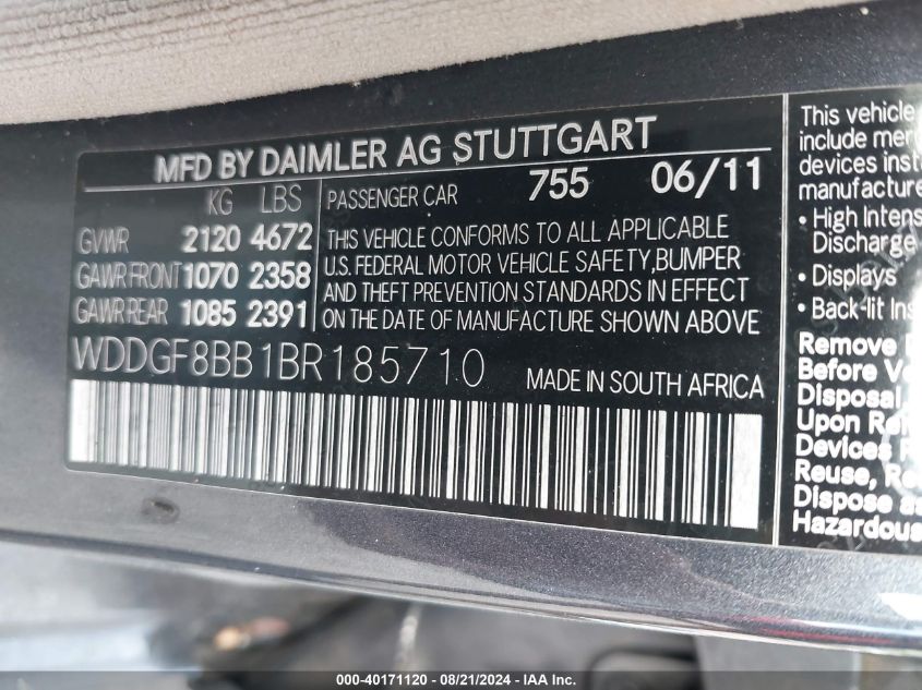 2011 Mercedes-Benz C 300 Luxury 4Matic/Sport 4Matic VIN: WDDGF8BB1BR185710 Lot: 40171120