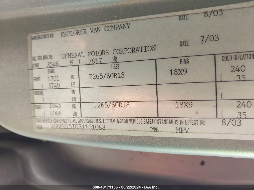 2003 Chevrolet Express Upfitter VIN: 1GBFH15T031161088 Lot: 40171136