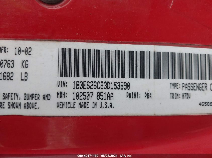 2003 Dodge Neon Se VIN: 1B3ES26C83D153690 Lot: 40171160