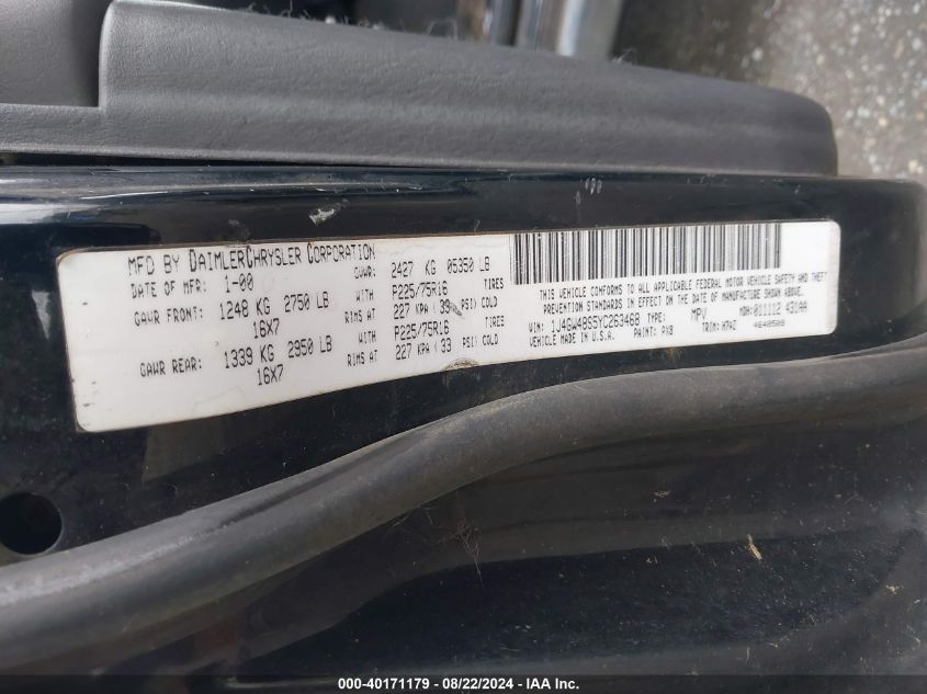 2000 Jeep Grand Cherokee Laredo VIN: 1J4GW48S5YC263468 Lot: 40171179