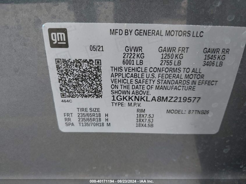 1GKKNKLA8MZ219577 2021 GMC Acadia Fwd Sle