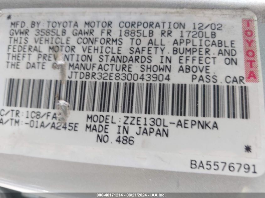 2003 Toyota Corolla Le VIN: JTDBR32E830043904 Lot: 40171214