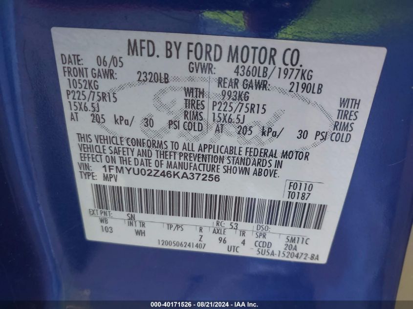 2006 Ford Escape Xls/Xls Manual VIN: 1FMYU02Z46KA37256 Lot: 40171526