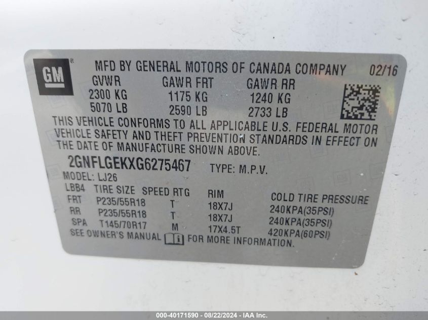 2016 CHEVROLET EQUINOX LTZ - 2GNFLGEKXG6275467