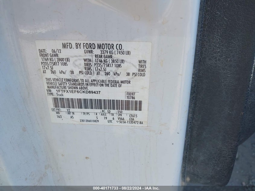 2012 Ford F-150 Xl VIN: 1FTFX1EF6CKD89437 Lot: 40171733