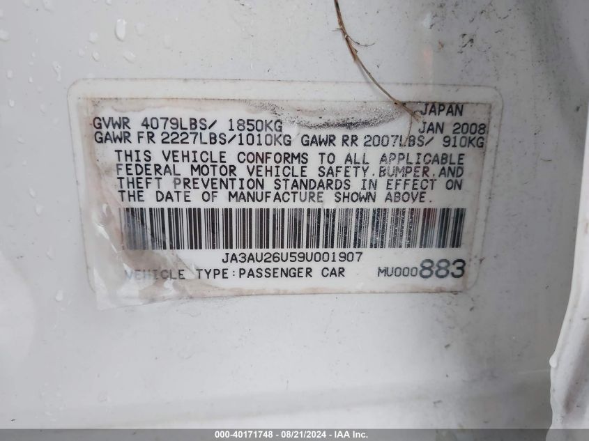 2009 Mitsubishi Lancer Es/Es-Sport VIN: JA3AU26U59U001907 Lot: 40171748