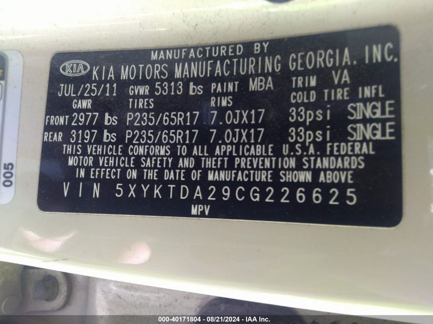 5XYKTDA29CG226625 2012 Kia Sorento Lx V6