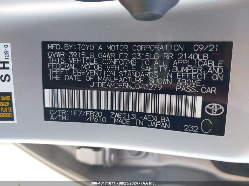 2022 Toyota Corolla Hybrid Le VIN: JTDEAMDE5NJ043279 Lot: 40171877