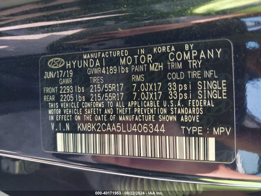 2020 Hyundai Kona Sel VIN: KM8K2CAA5LU406344 Lot: 40171953