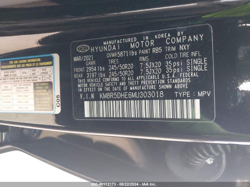 2021 Hyundai Palisade Limited VIN: KM8R5DHE6MU303018 Lot: 40172173