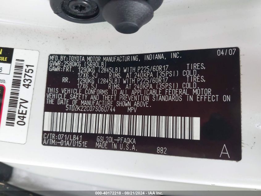 5TDZK22C07S060744 2007 Toyota Sienna Xle