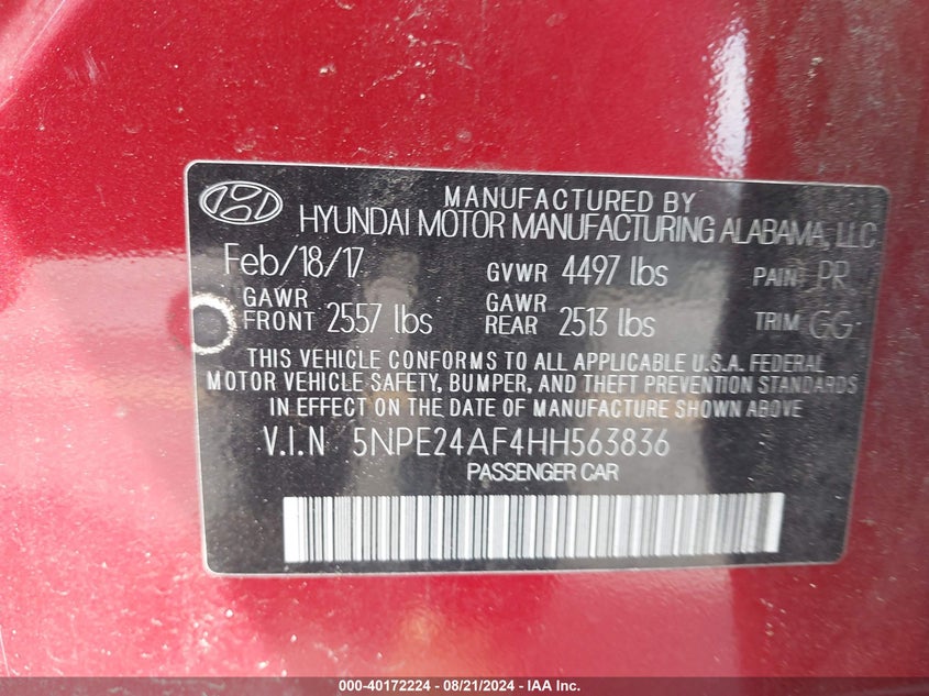 VIN 5NPE24AF4HH563836 2017 HYUNDAI SONATA