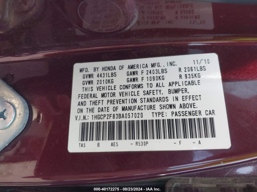 2011 Honda Accord 2.4 Ex-L VIN: 1HGCP2F83BA057020 Lot: 40172275