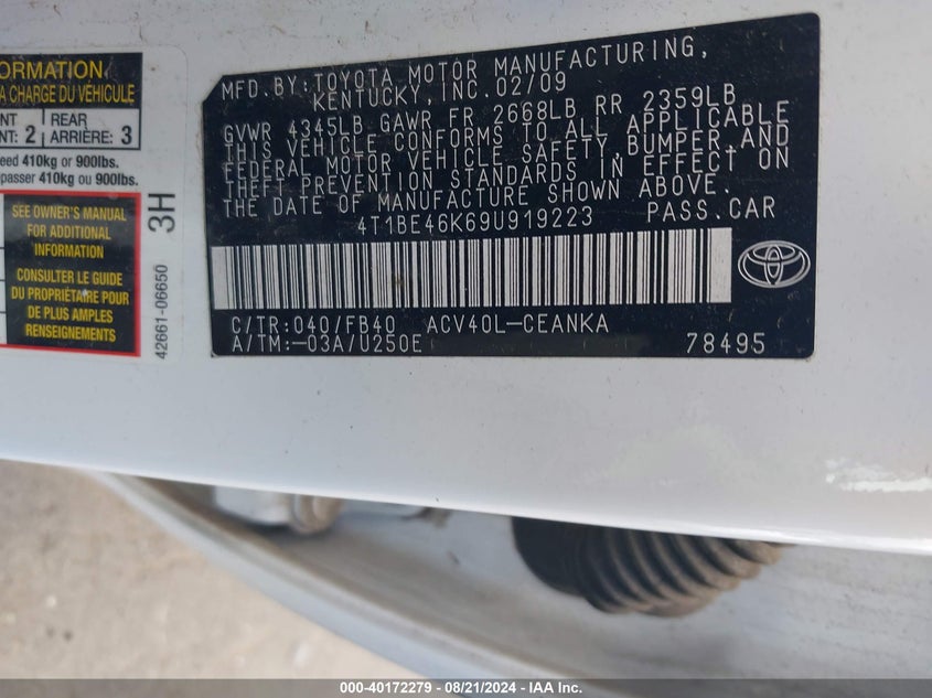 2009 Toyota Camry Le VIN: 4T1BE46K69U919223 Lot: 40172279