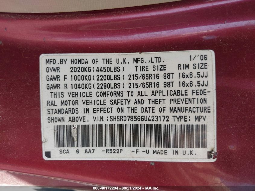 2006 Honda Cr-V Lx VIN: SHSRD78566U423172 Lot: 40172294