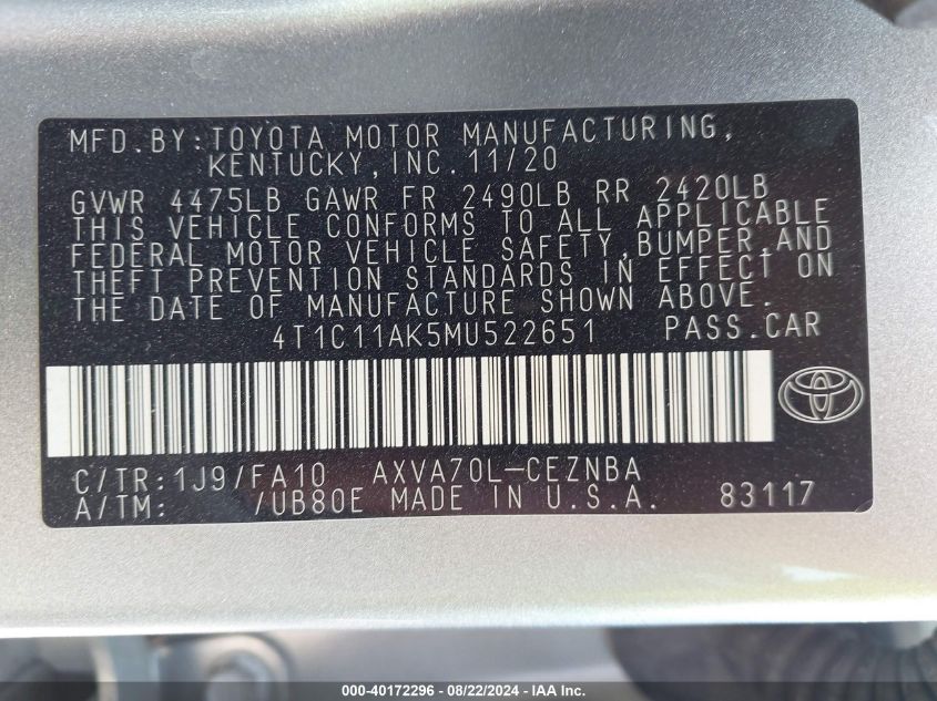 4T1C11AK5MU522651 2021 Toyota Camry Le