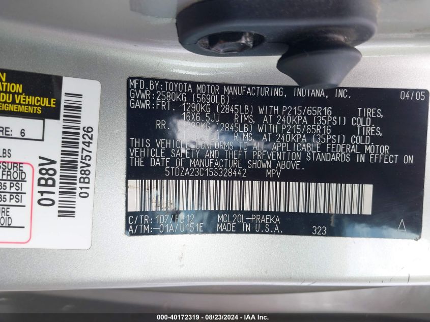 5TDZA23C15S328442 2005 Toyota Sienna Ce/Le