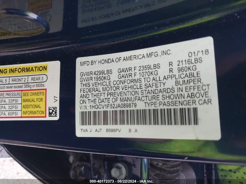 2018 HONDA ACCORD VIN: 1HGCV1F52JA089879
