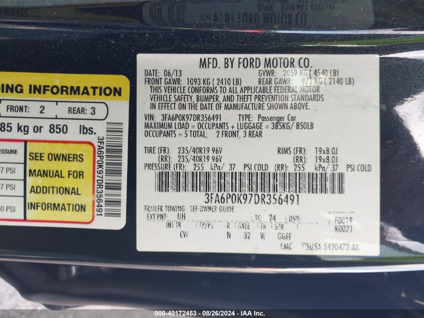 2013 Ford Fusion Titanium VIN: 3FA6P0K97DR356491 Lot: 40172453