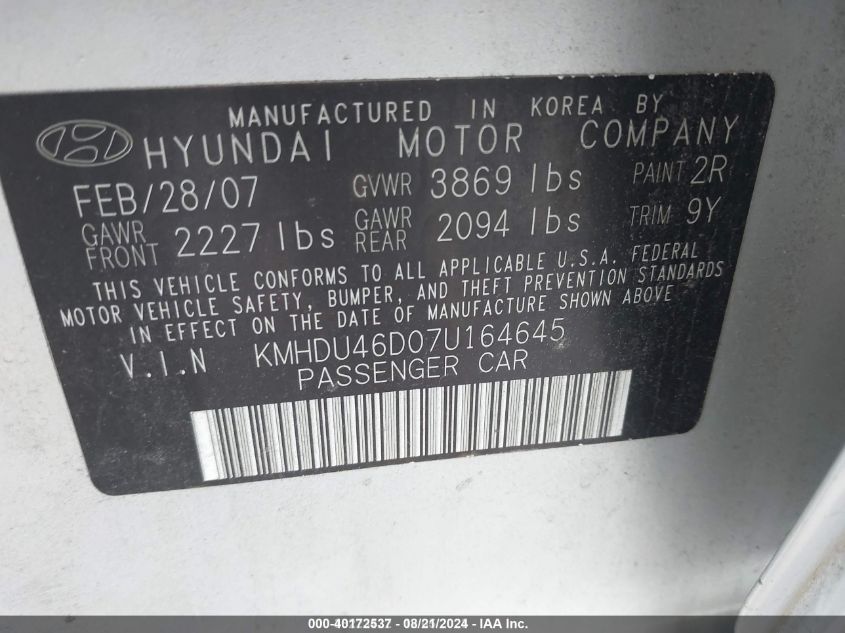 KMHDU46D07U164645 2007 Hyundai Elantra Gls/Limited/Se