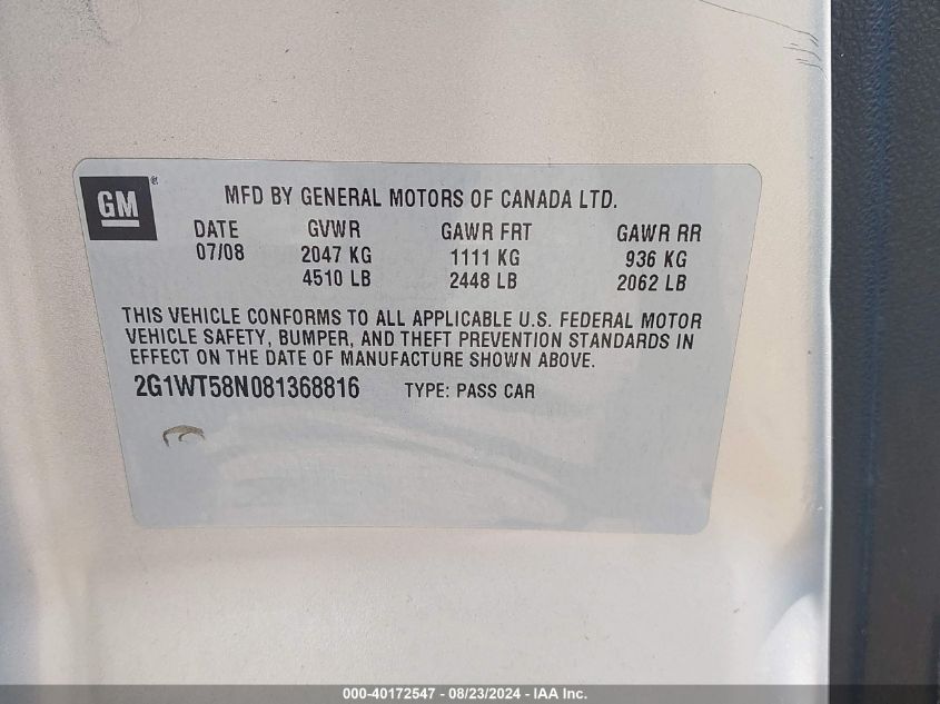 2008 Chevrolet Impala Lt VIN: 2G1WT58N081368816 Lot: 40172547