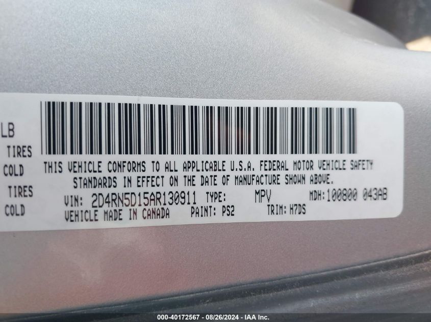 2010 Dodge Grand Caravan Sxt VIN: 2D4RN5D15AR130911 Lot: 40172567