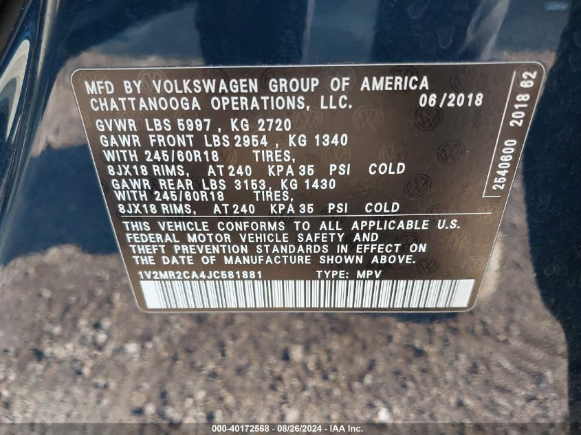 2018 Volkswagen Atlas 3.6L V6 Sel VIN: 1V2MR2CA4JC581881 Lot: 40172568