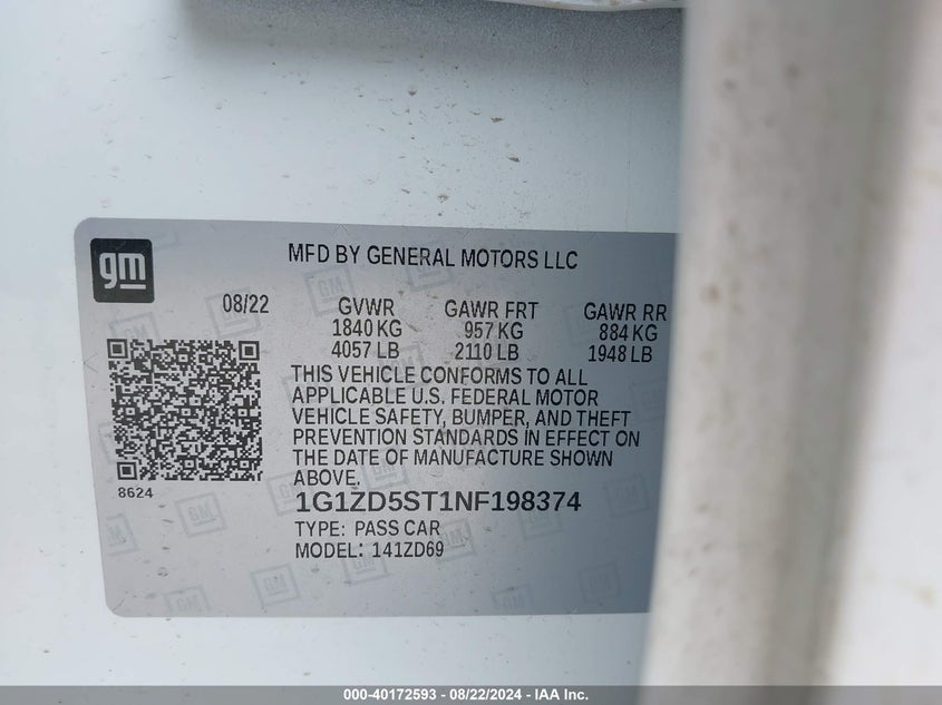 2022 CHEVROLET MALIBU FWD LT - 1G1ZD5ST1NF198374