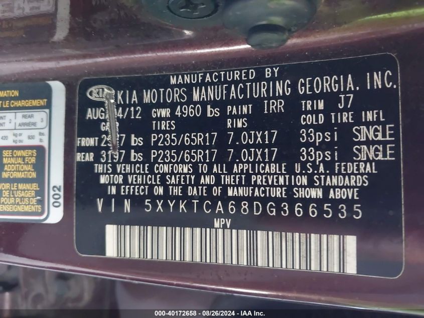 2013 Kia Sorento Lx VIN: 5XYKTCA68DG366535 Lot: 40172658