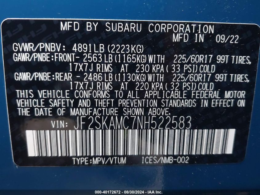 2022 Subaru Forester Wilderness VIN: JF2SKAMC7NH522583 Lot: 40172672