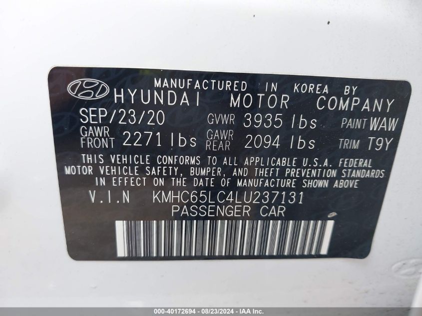 2020 Hyundai Ioniq Hybrid Blue VIN: KMHC65LC4LU237131 Lot: 40172694