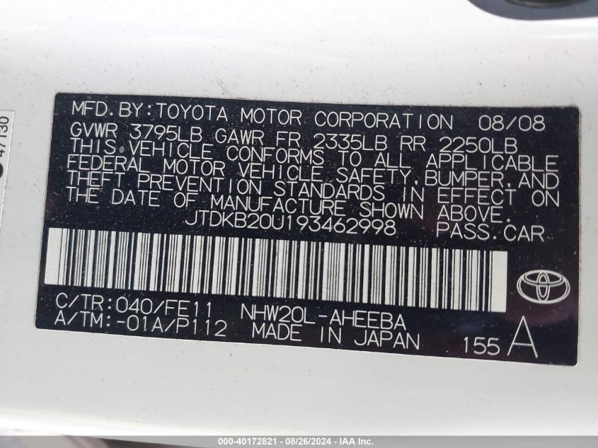 2009 Toyota Prius VIN: JTDKB20U193462998 Lot: 40172821